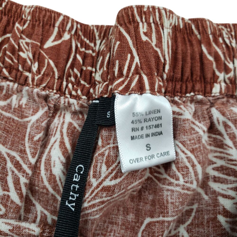 Cathy Linen Blend Pants Womens Small Rust Leaf Print Hawaiian Tropical Raw Hem - Picture 4 of 8
